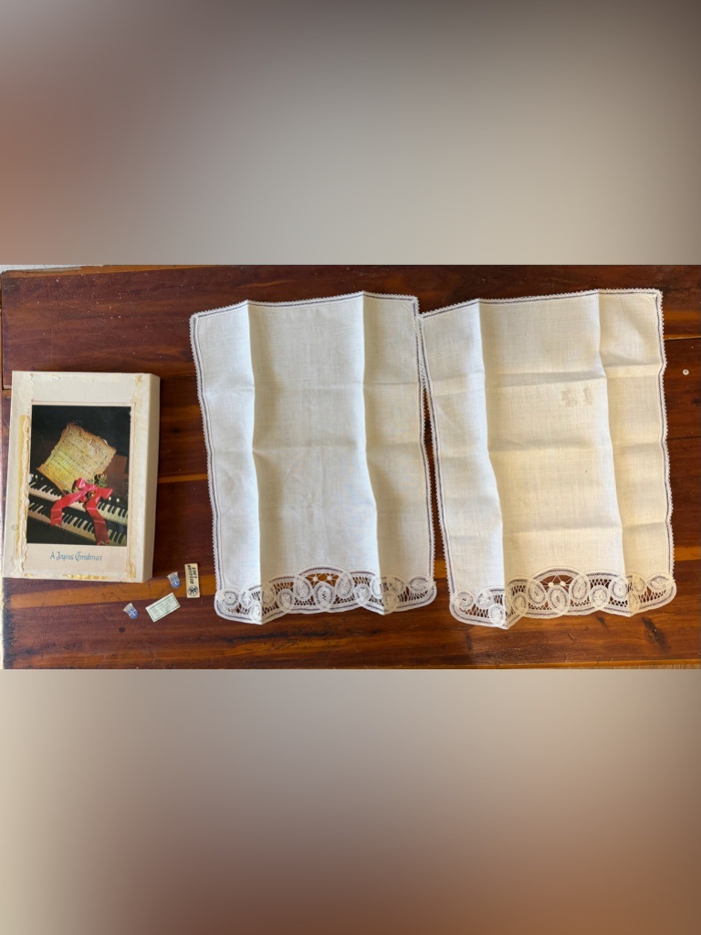 Vintage 2 Belgian Napkins in box never used pure linen lace all cotton set